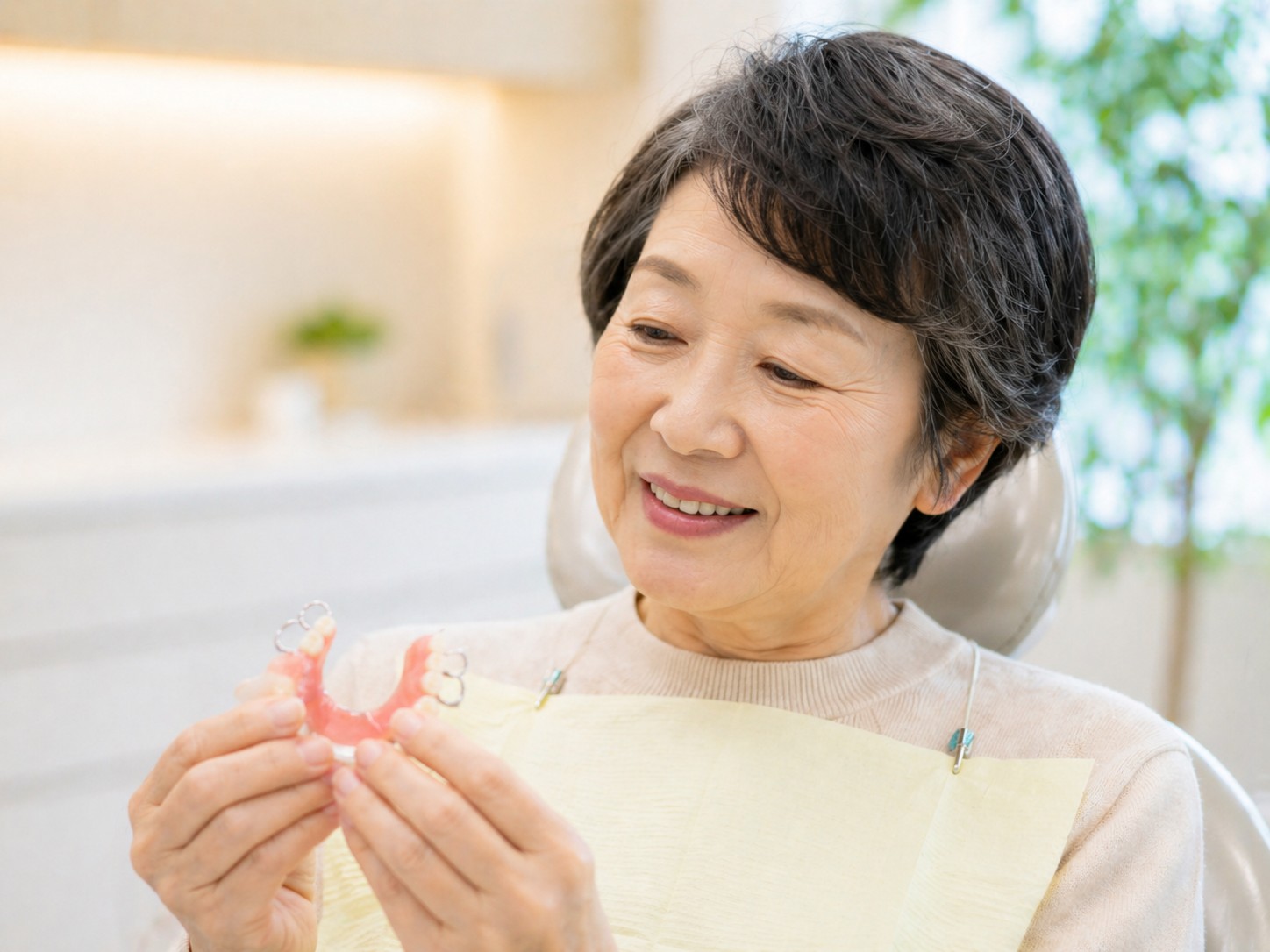 入れ歯 部分入れ歯を手に持つ女性